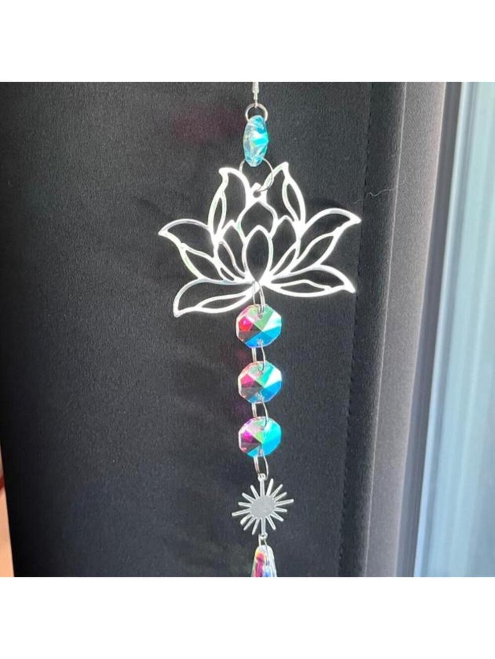 Lotus Suncatcher with silver lotus flower and rainbow-colored beads